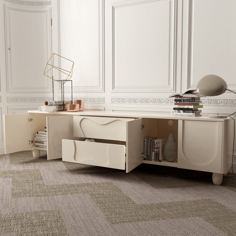 high gloss white tv stand with open drawers and doors