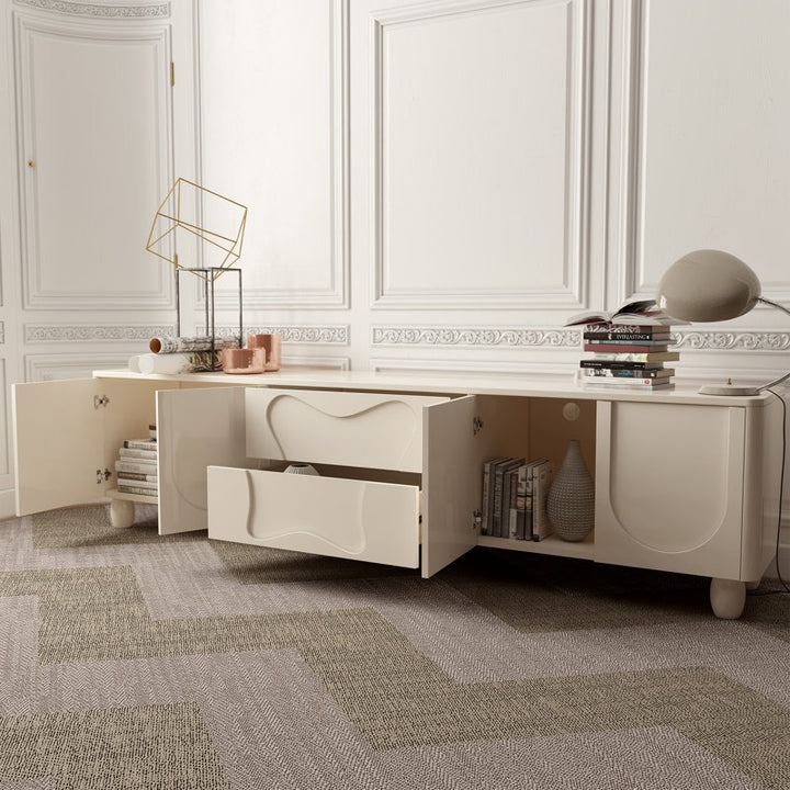 high gloss white tv stand with open drawers and doors