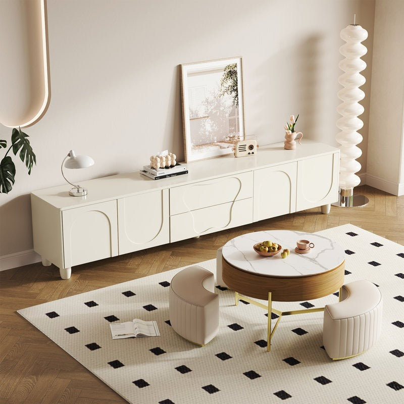 The White TV Stand is a masterpiece of premium MDF with a high-gloss PU-painted finish.