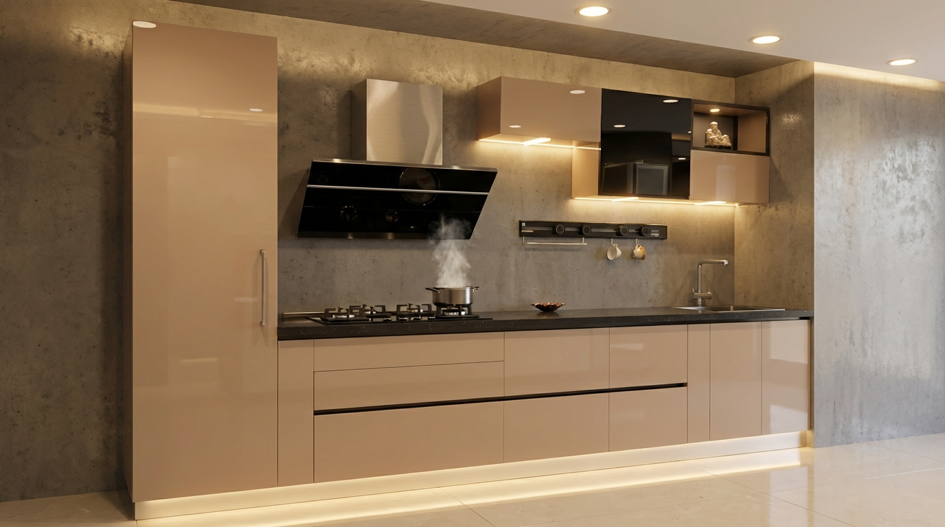 Modern kitchen with beige gloss cabinets, black countertops, and stainless steel appliances.