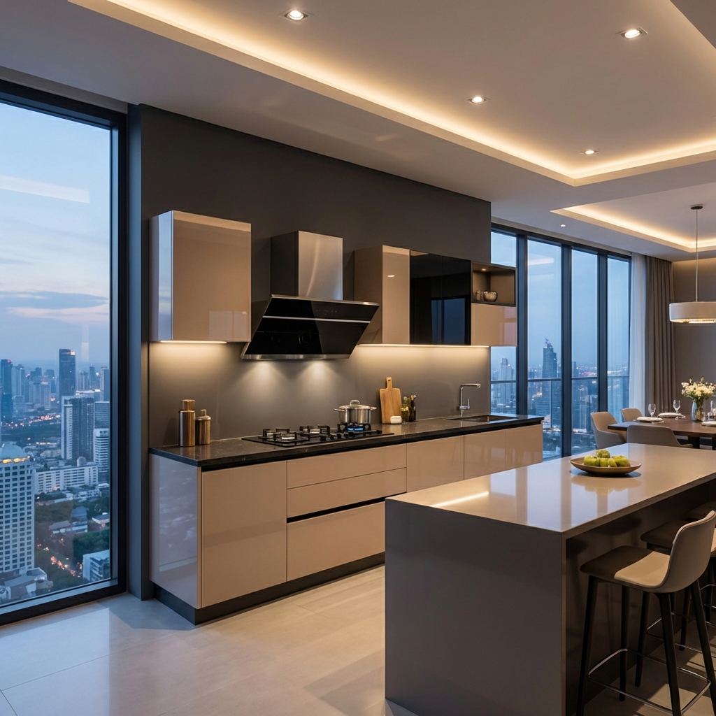 Modular white kitchen with cityscape view from large windows