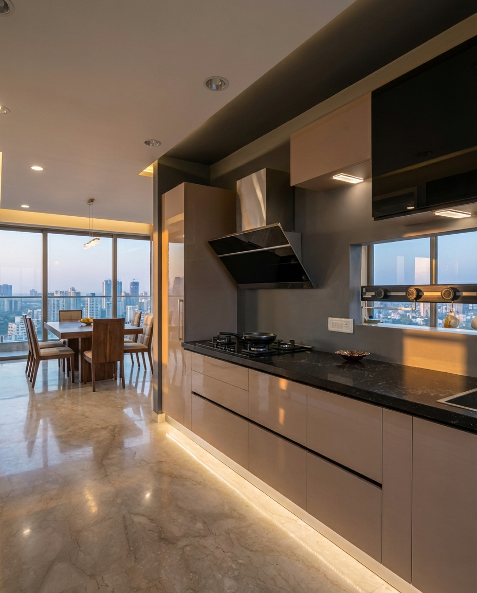 Modular kitchen with marble floor and cityscape view