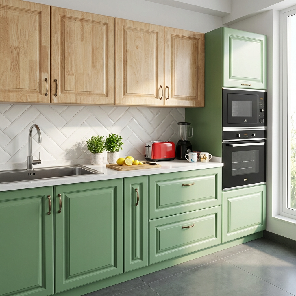Modern kitchen with green and beige cabinets, a white countertop, and stainless steel appliances.