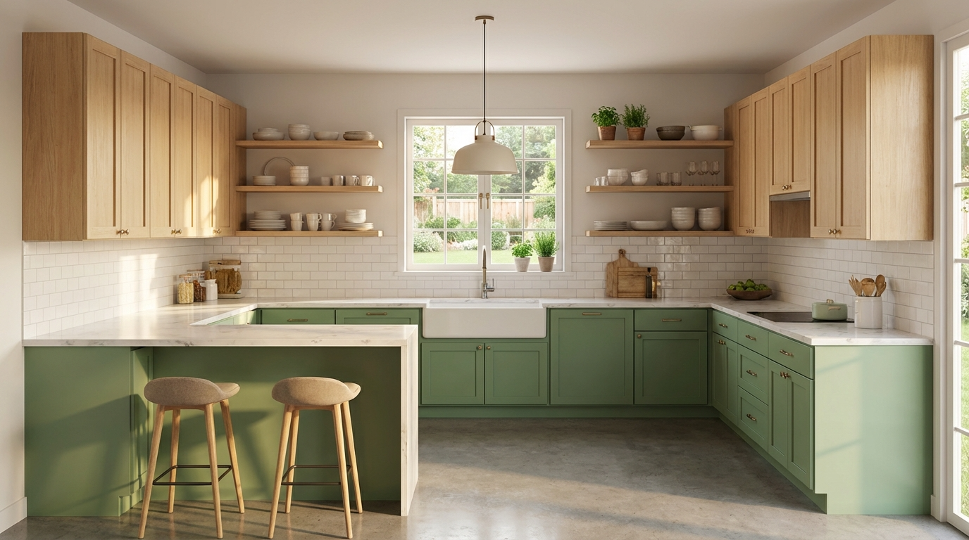 Modular kitchen with green cabinet and white countertops