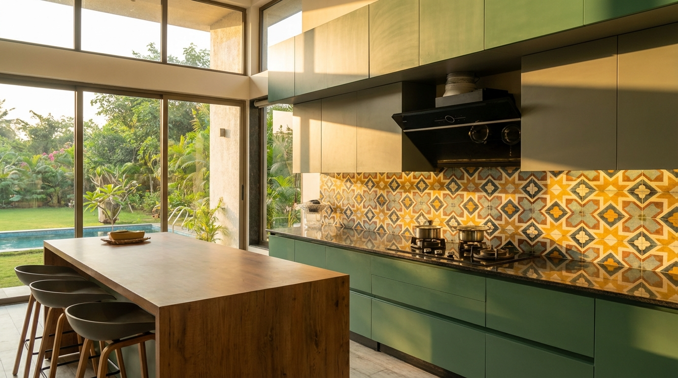 Modular kitchen with green cabinets, a wooden island, and a colorful backsplash.