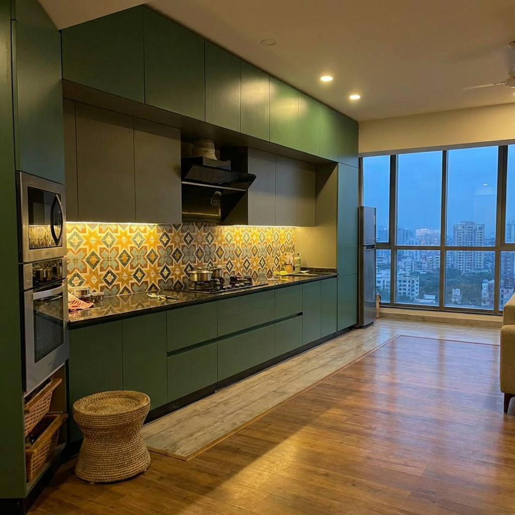 Modular kitchen with green cabinets and a cityscape view from large windows.