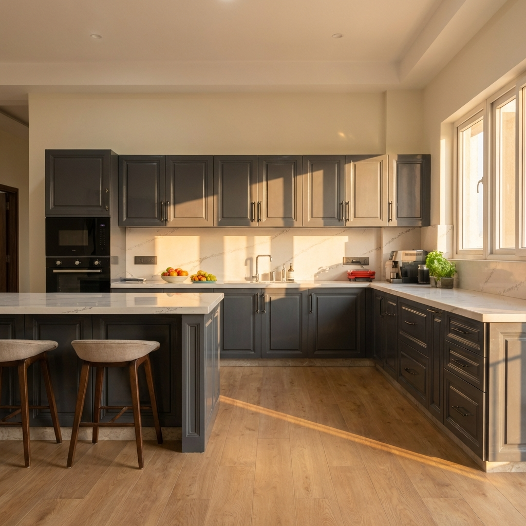 Modern kitchen with dark cabinets, marble countertops, and a large island.