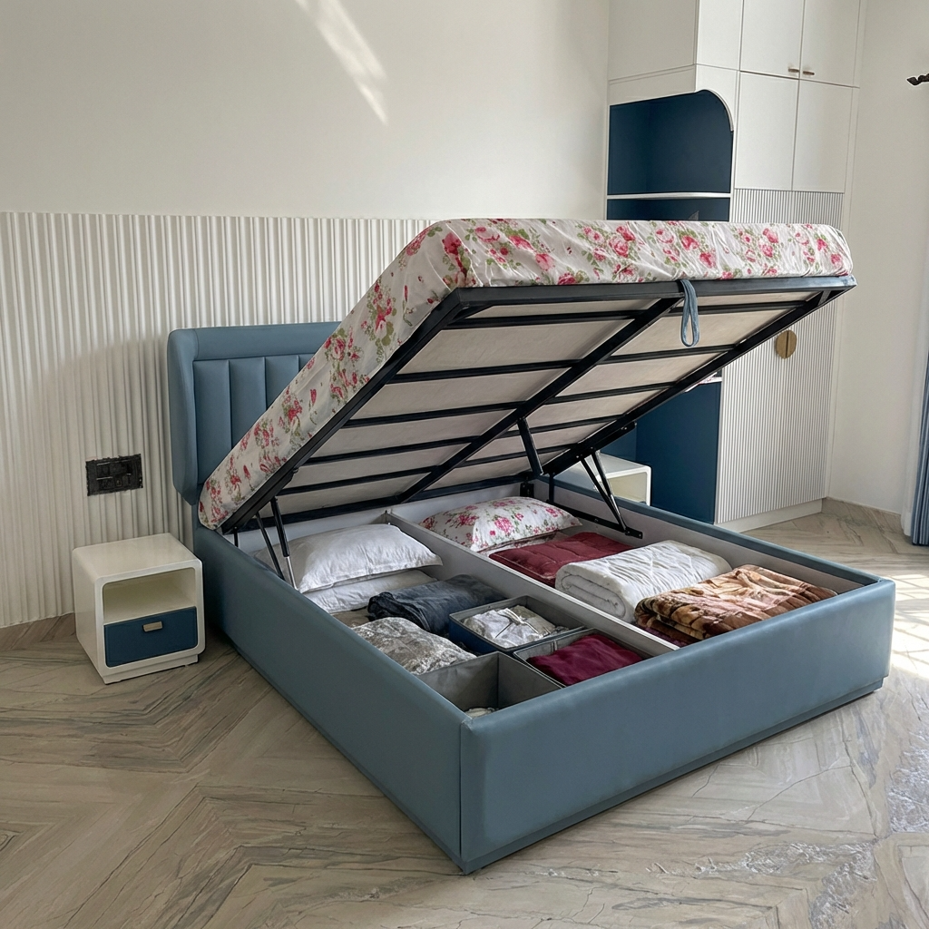 Romi Bed with Hydraulic Storage | King | Blue Leatherette