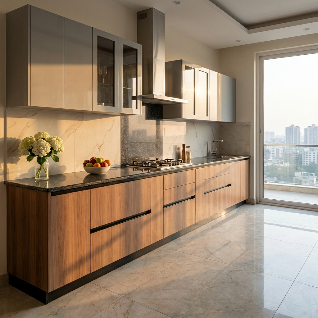Modern kitchen with wooden cabinets and a cityscape view