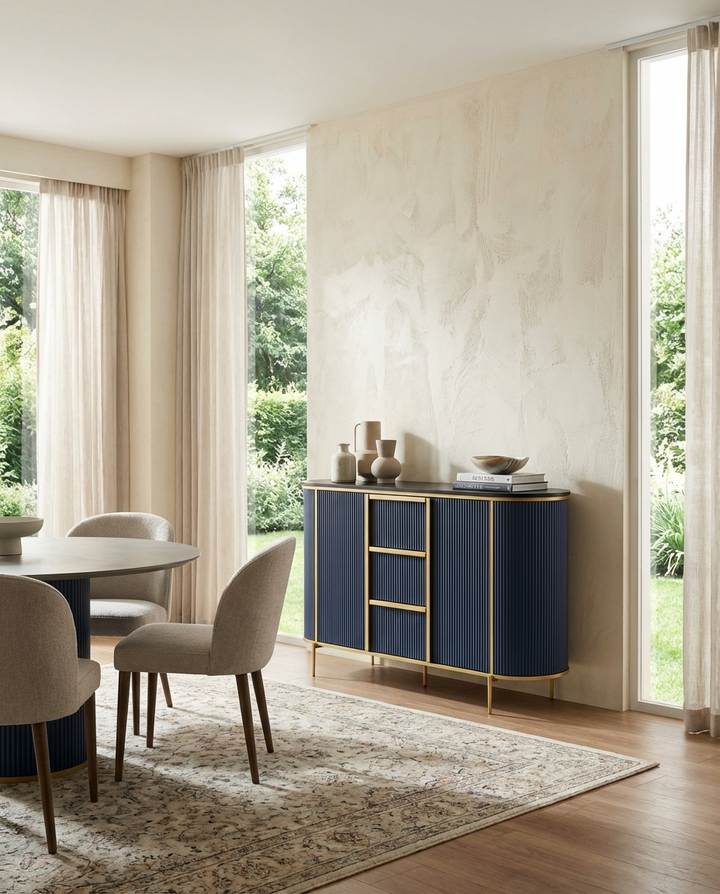 Modern dining room with a blue sideboard, chairs, and a rug.