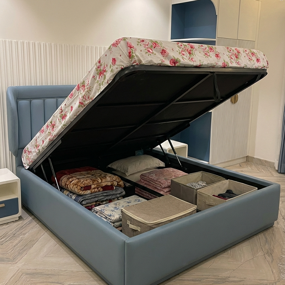 Romi Bed with Hydraulic Storage | King | Blue Leatherette