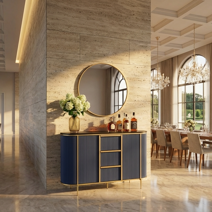 Modern interior with a blue sideboard, round mirror, and decorative items.