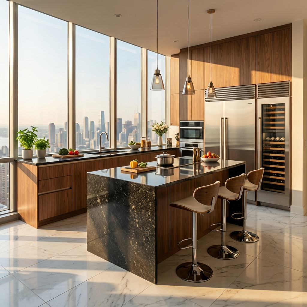 Modular kitchen with black marble island and stainless steel appliances
