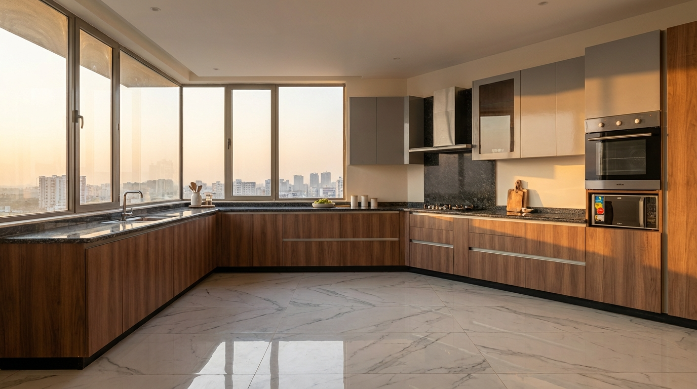 Modern kitchen with wooden cabinets for large villa homes