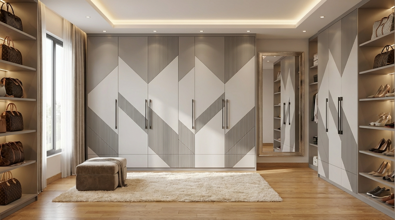 Modern white modular wardrobe with geometric design in a stylish room.
