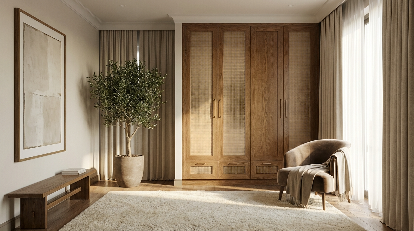 Modern bedroom with wooden wardrobe, chair, and decor elements.