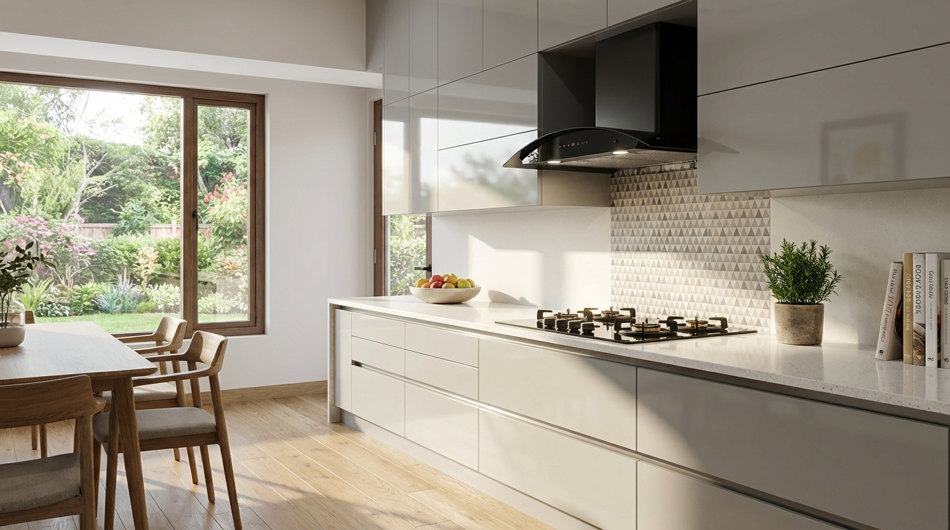 Modern kitchen with white painted cabinets, a stove, and a view of greenery outside.