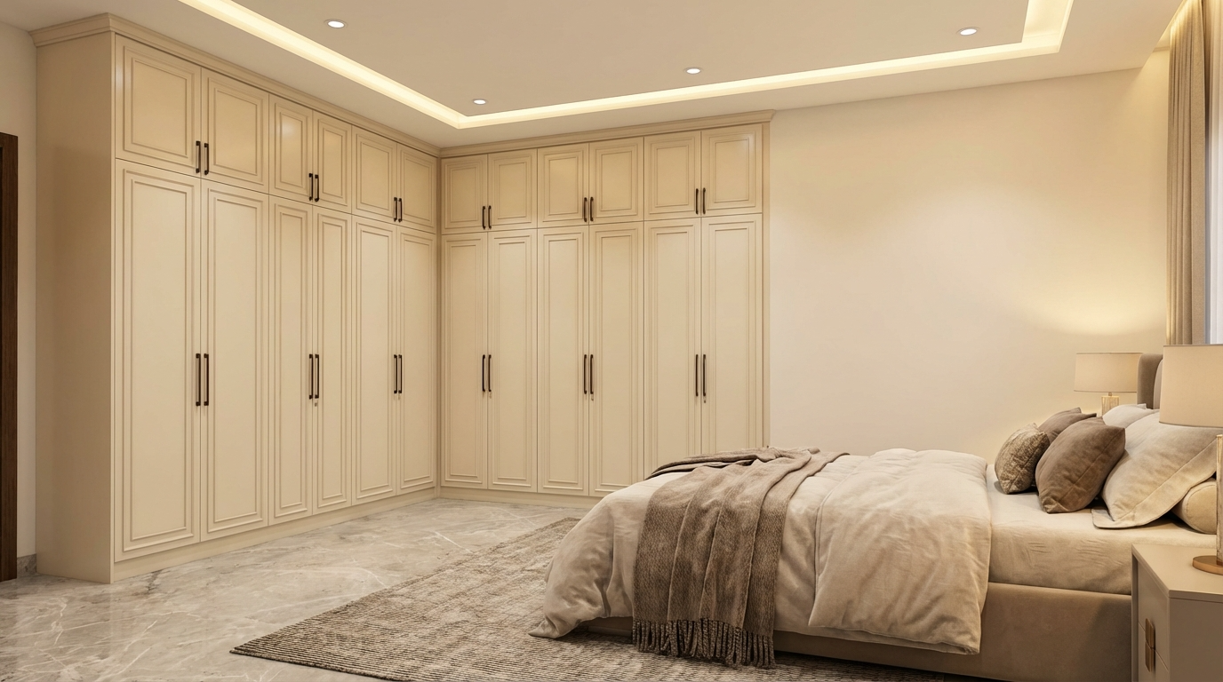 Modern bedroom with beige modular wardrobes and a bed for luxury villa