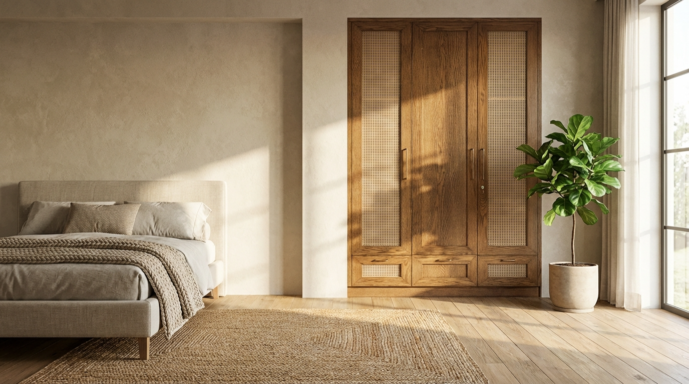 Modern bedroom with modular wooden wardrobe, bed, and plant