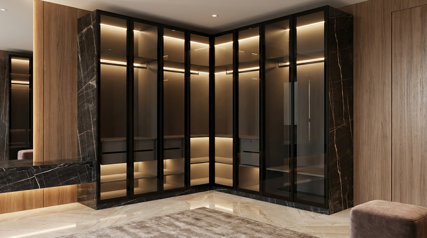 Modern modular wardrobe design with dark glass panels and wooden walls.
