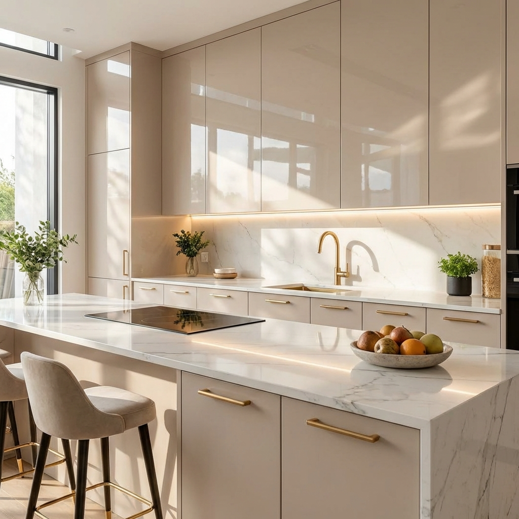 High-gloss acrylic modular kitchen finish for modern and stylish interiors