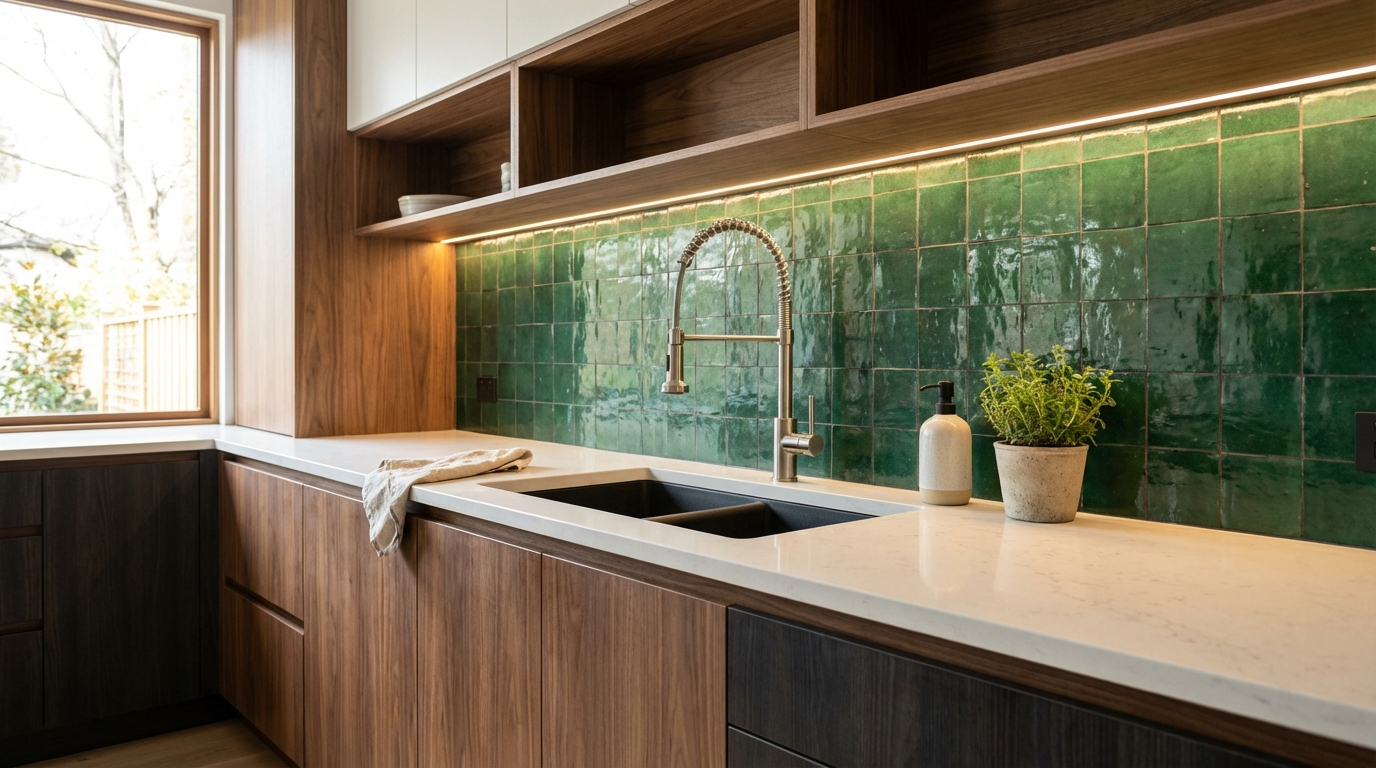 Modern modular kitchen with wooden cabinets, green tiled backsplash, and white countertop.