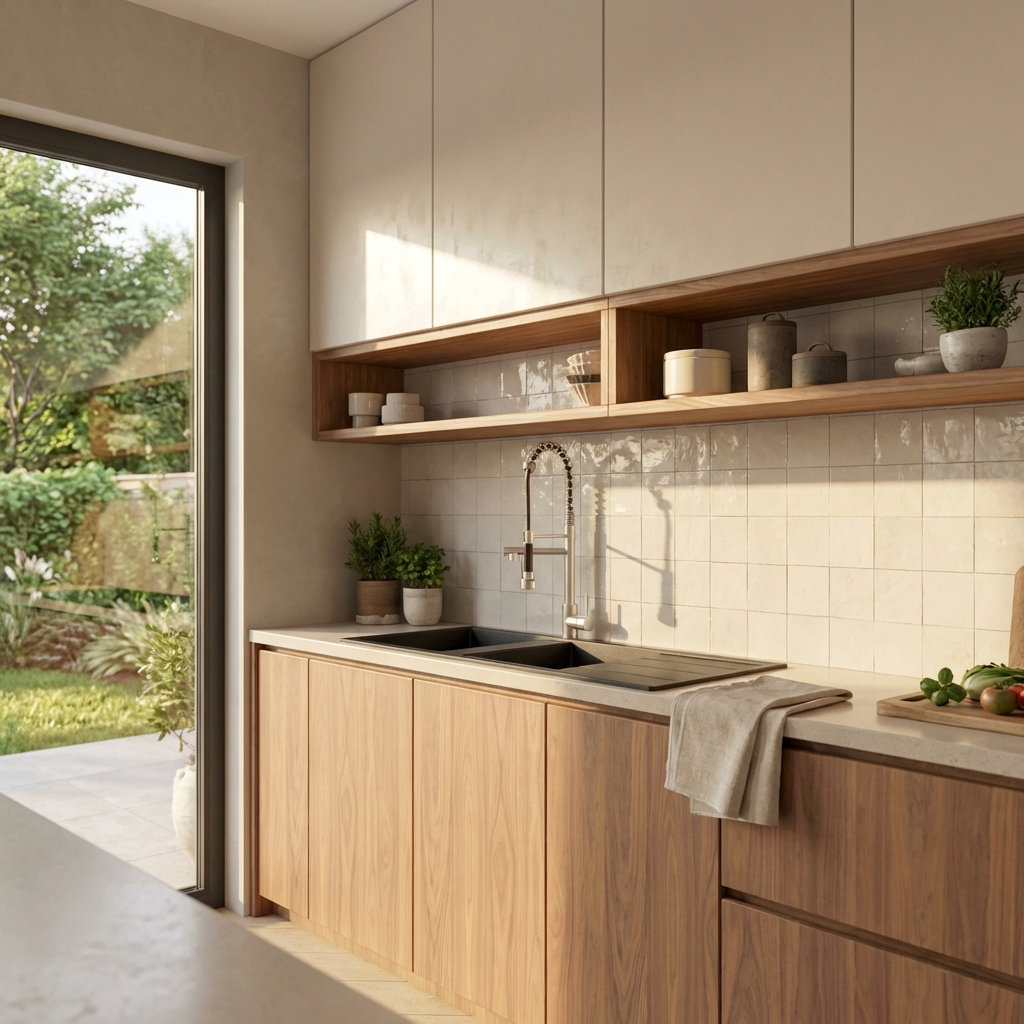 Modular kitchen with glossy PU-painted shutter, wooden cabinets, sink, and countertop.