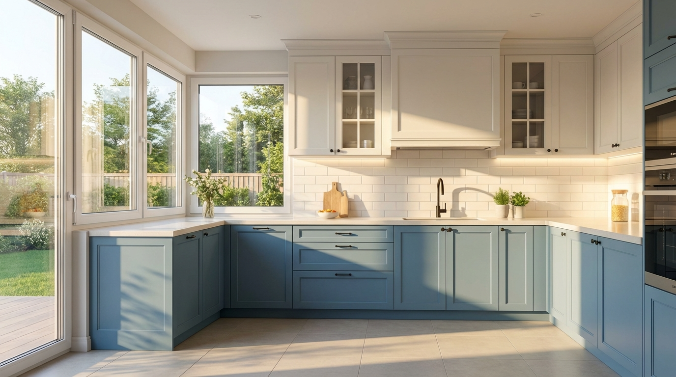 Modern kitchen with blue and white cabinets crafted from high-quality materials, large windows, and an outdoor view.