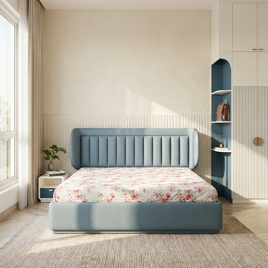 Romi Bed with Hydraulic Storage | King | Blue Leatherette