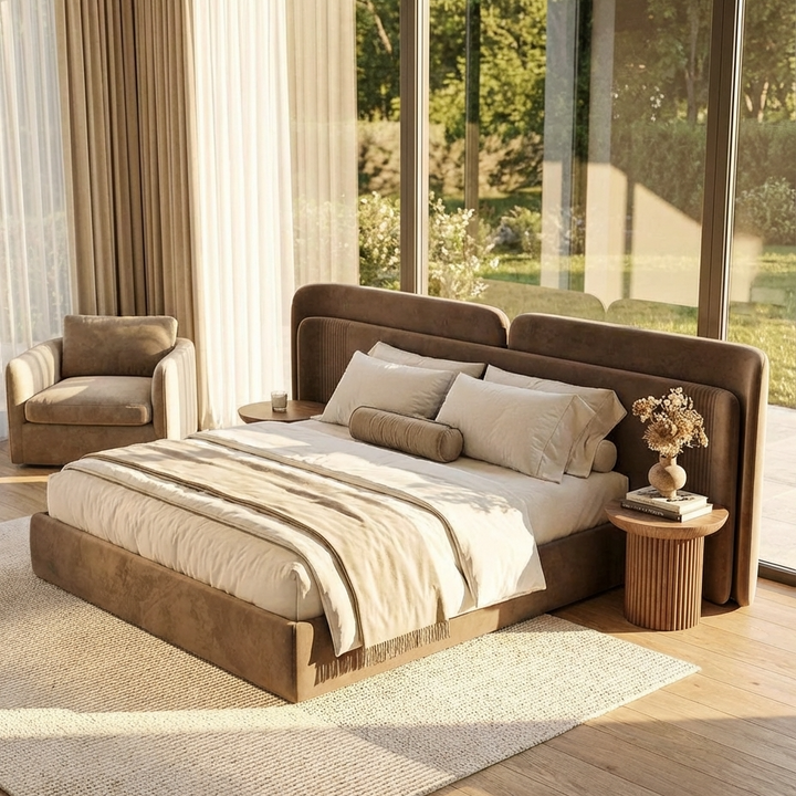 Lovly Bed Without Storage | King Size | Brown Fabric