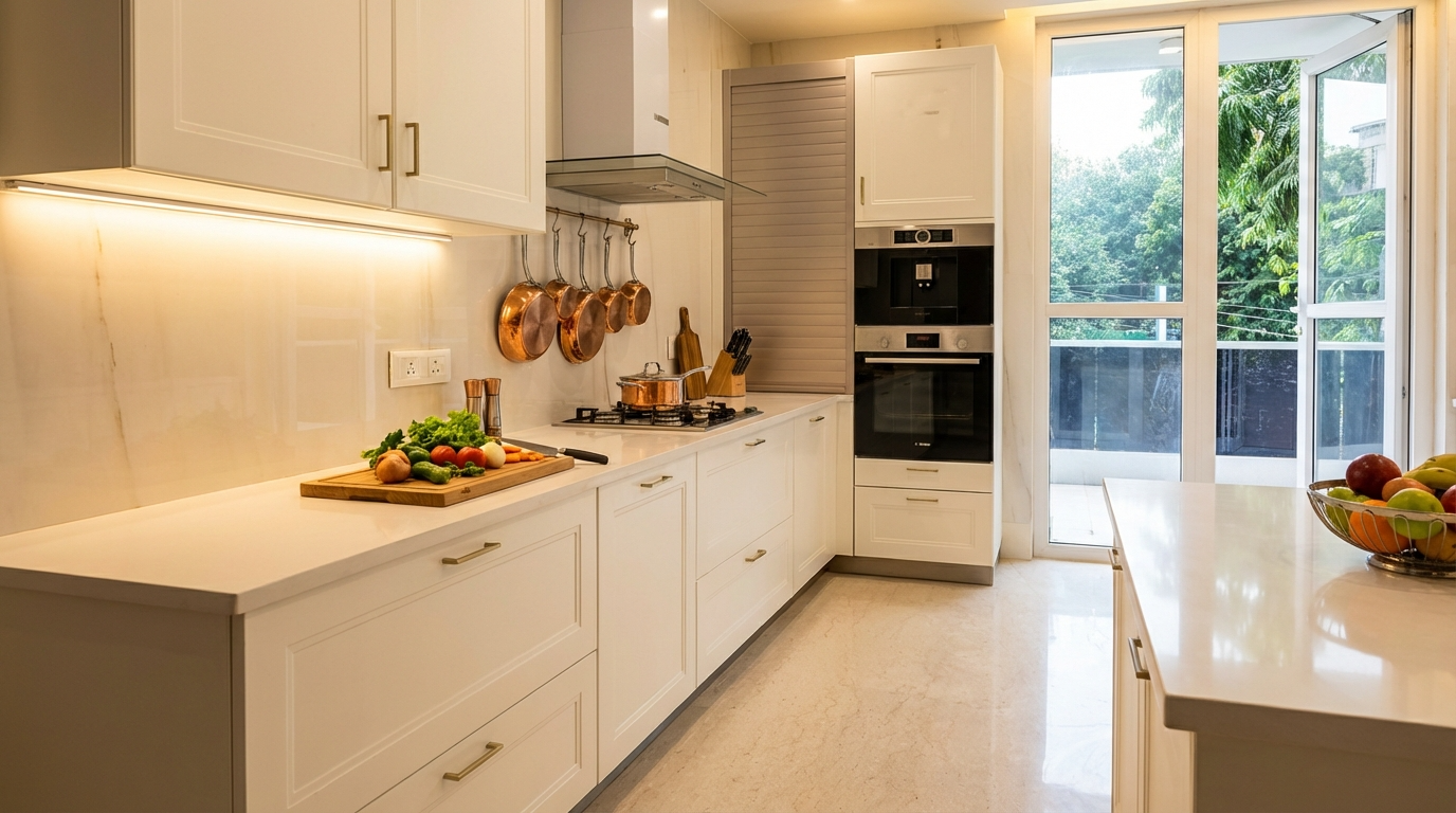 Modern kitchen with white cabinets, stainless steel appliances, and a view of greenery outside.
