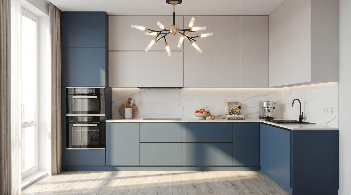 Modular L-shaped kitchen with blue cabinets, white countertop, and white shutters