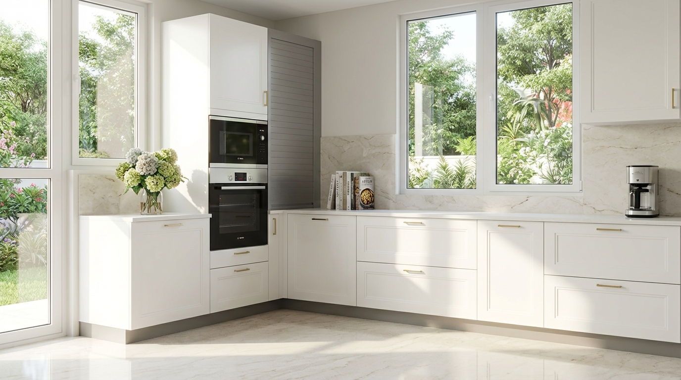 Modern kitchen design with matte white cabinets, black appliances, and large windows.