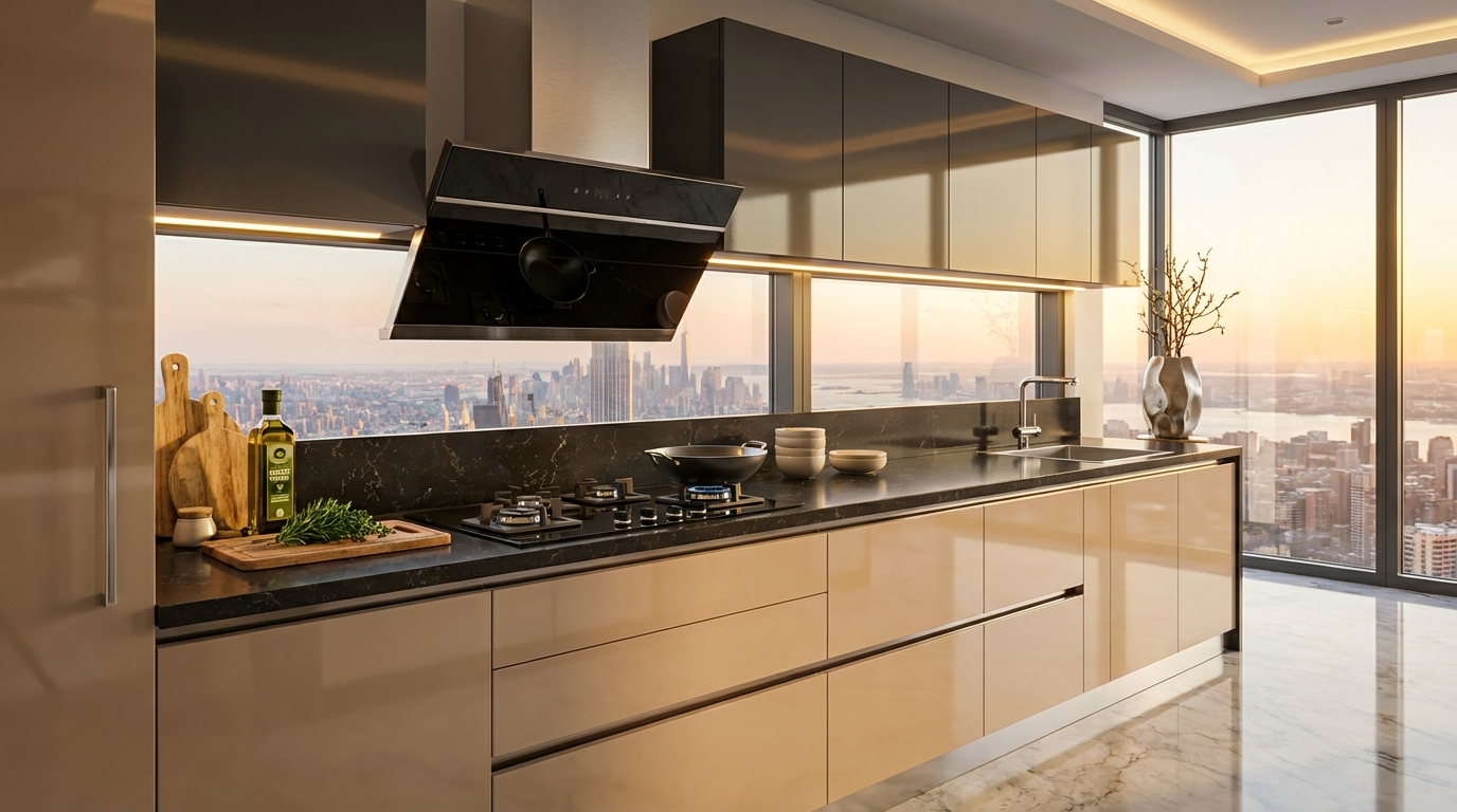 Modular kitchen design with glossy finish and cityscape view from large windows
