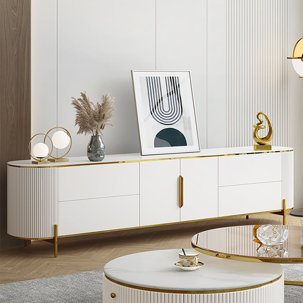Premium white tv stand with half-round edge and marble top, perfect for a luxury living room