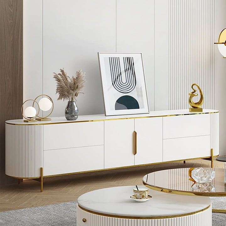 Premium white tv stand with half-round edge and marble top, perfect for a luxury living room
