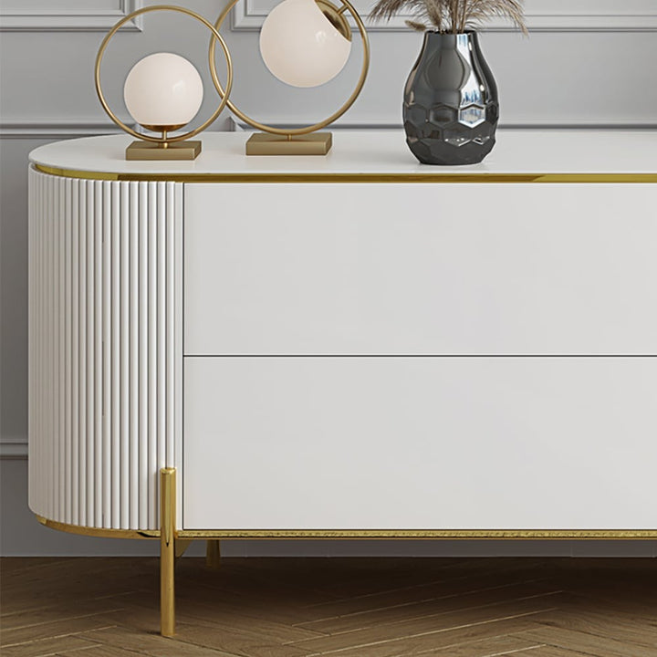 Modern white tv stand with half-round edge and golden legs for living room and bedroom
