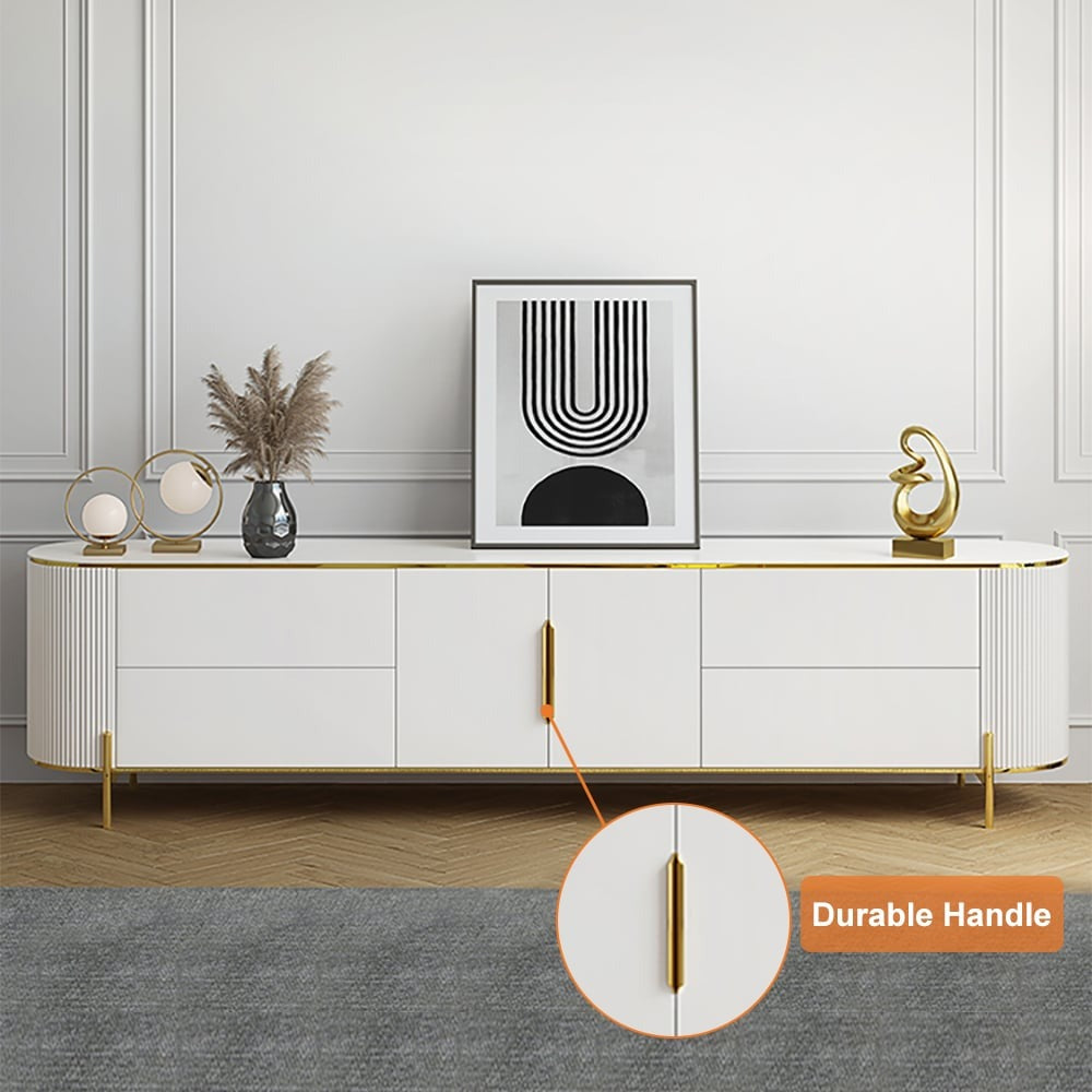 Premium high-gloss white pu finish tv stand with gold finish legs and handles