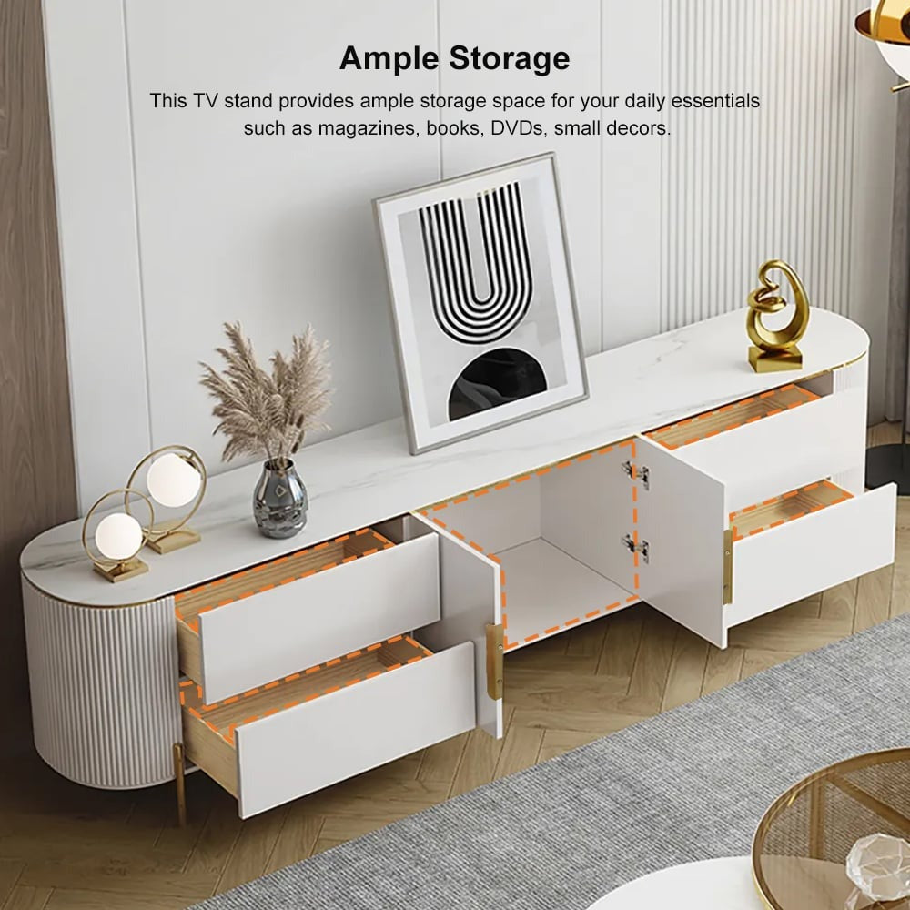 Stylish white tv stand with open 4 drawers and 2 doors in a living room