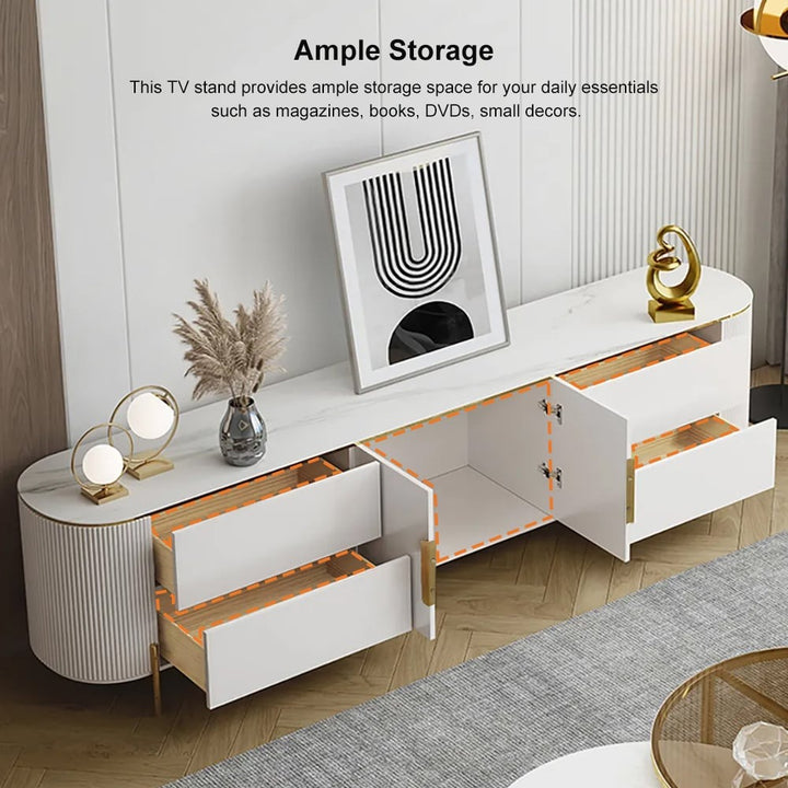 Stylish white tv stand with open 4 drawers and 2 doors in a living room