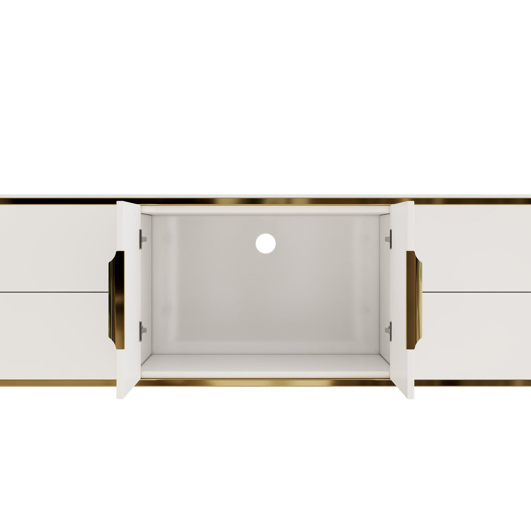 white tv stand crafted from high-quality mdf board and branded hardware and hinges