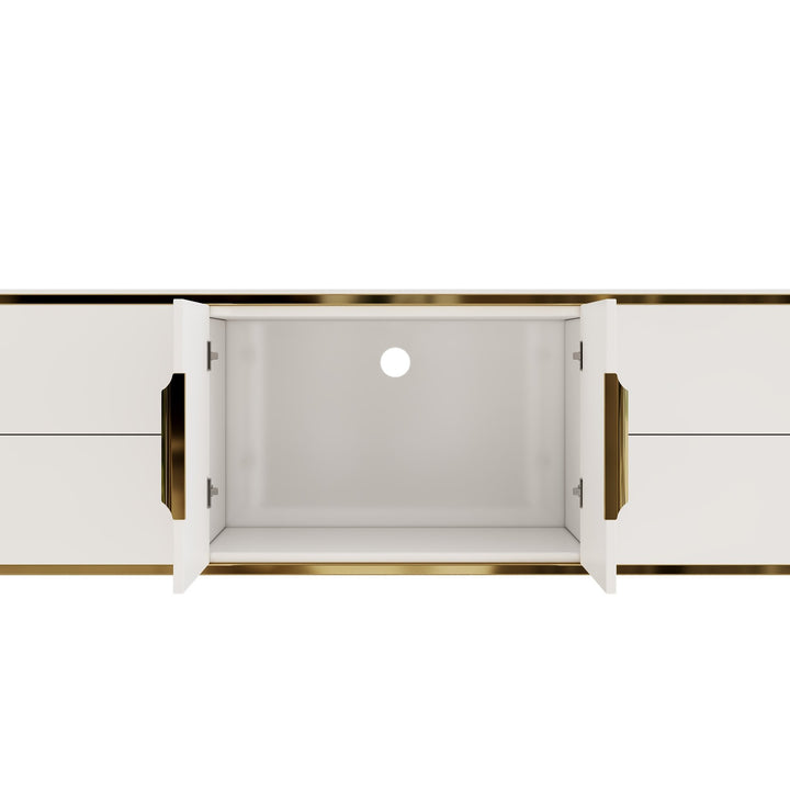 white tv stand crafted from high-quality mdf board and branded hardware and hinges
