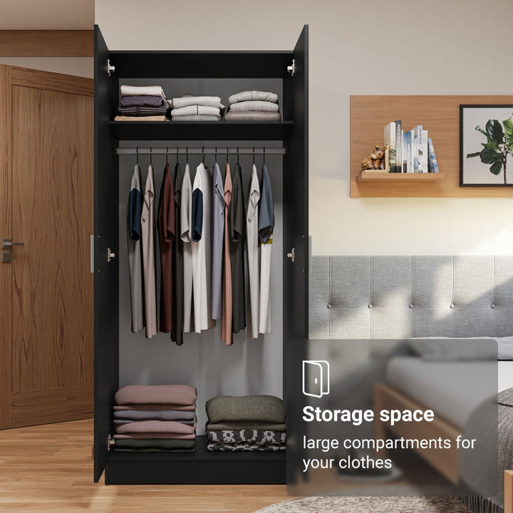 Premium black 2-door wardrobe design offers storage space for clothes