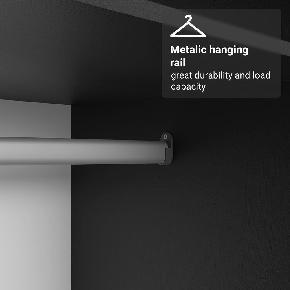 Metallic hanging rod of black modern wardrobe crafted from pre-laminated board