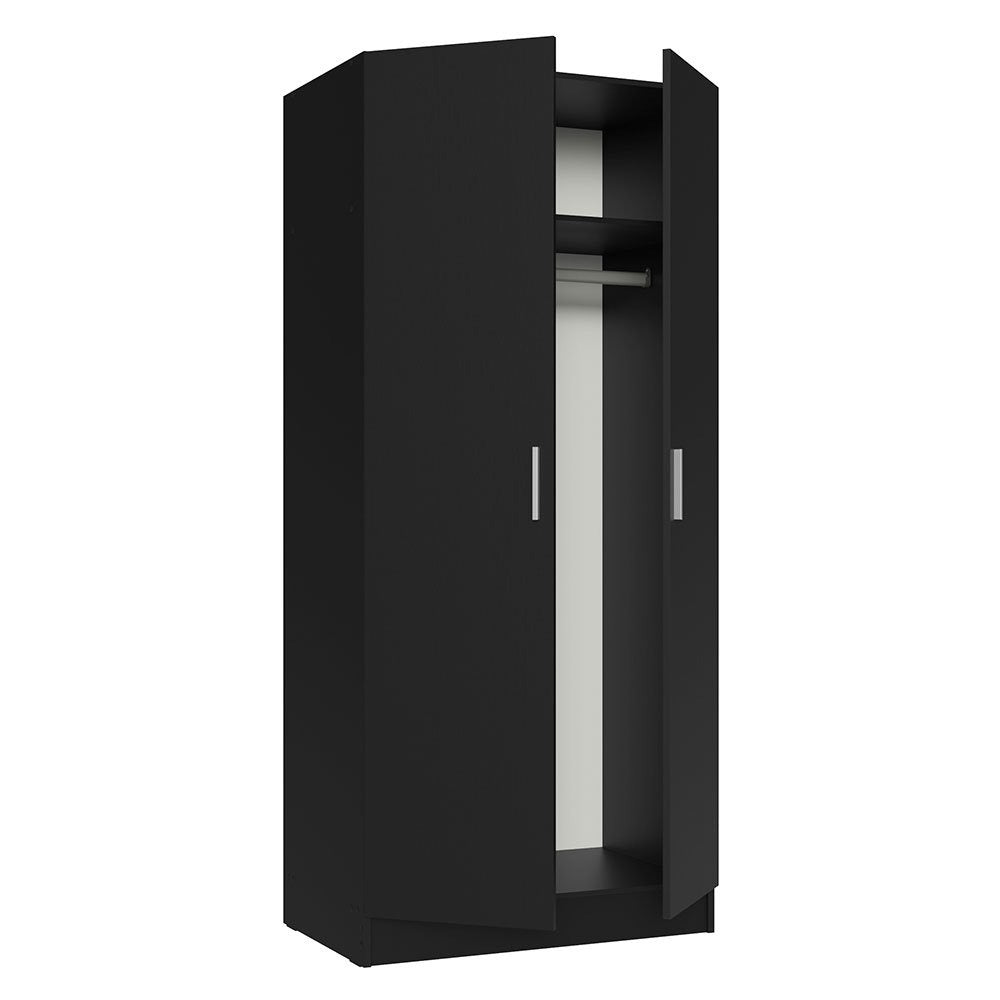 Premium black wardrobe with open door on a white background