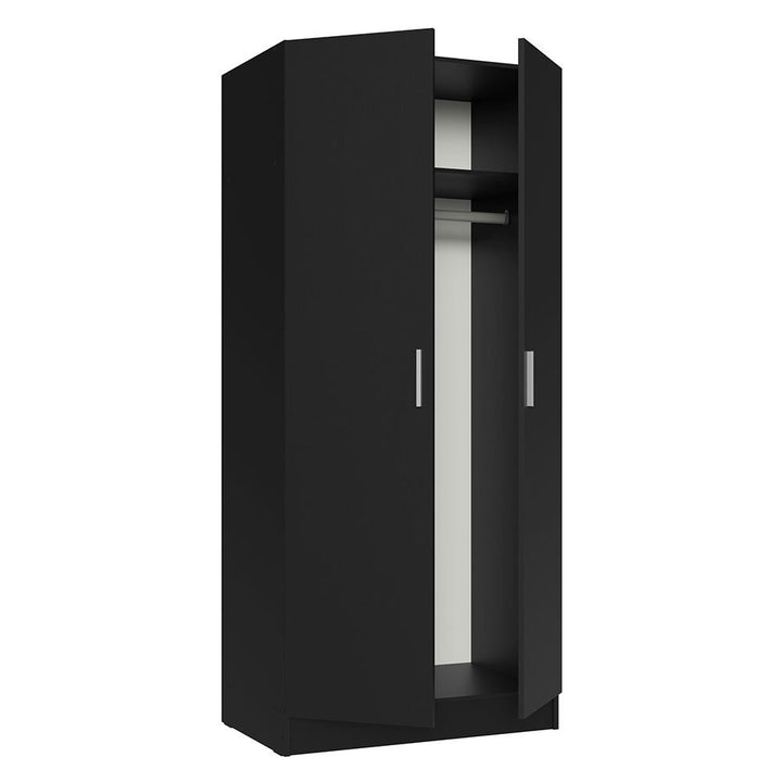 Premium black wardrobe with open door on a white background
