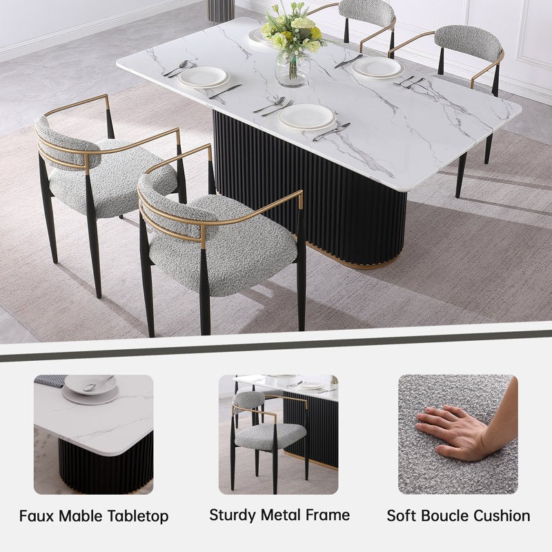 Modern 4-seater dining table with marble top and stylish fluted pattern base with golden strip