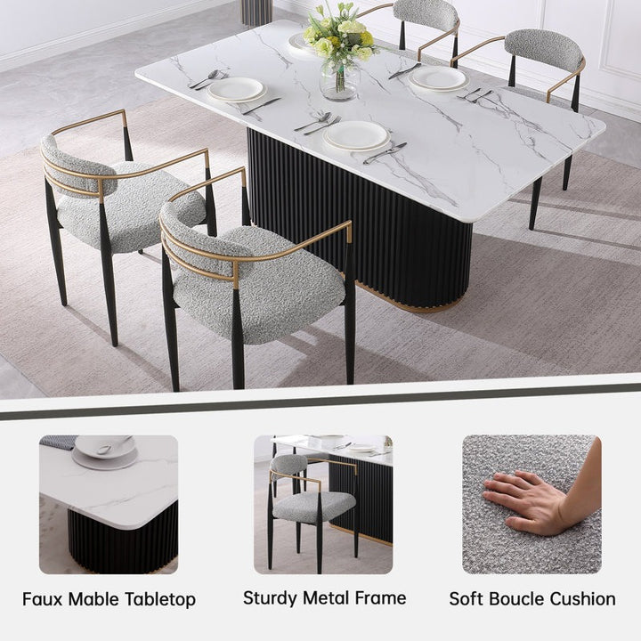 Modern 4-seater dining table with marble top and stylish fluted pattern base with golden strip