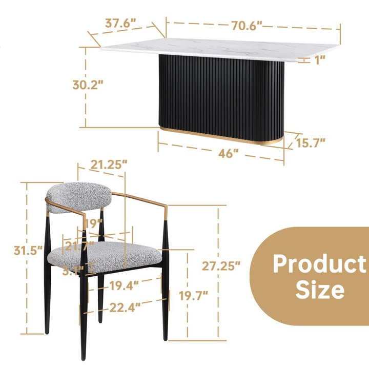 dimension of modern 4-seater dining table and chairs shown on white background