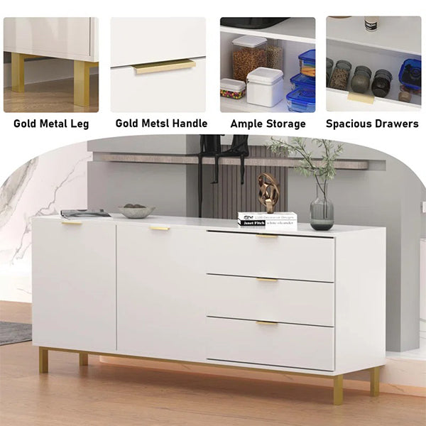 White Brians sideboard with shaker doors, gold hardware, soft-close drawers and ample interior storage